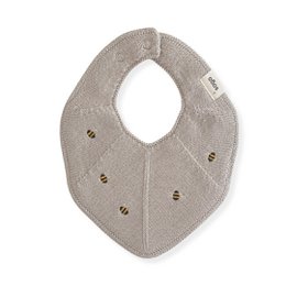  Beige knitted baby bib with embroidered bee details, soft cotton material, oval shape, newborn accessory