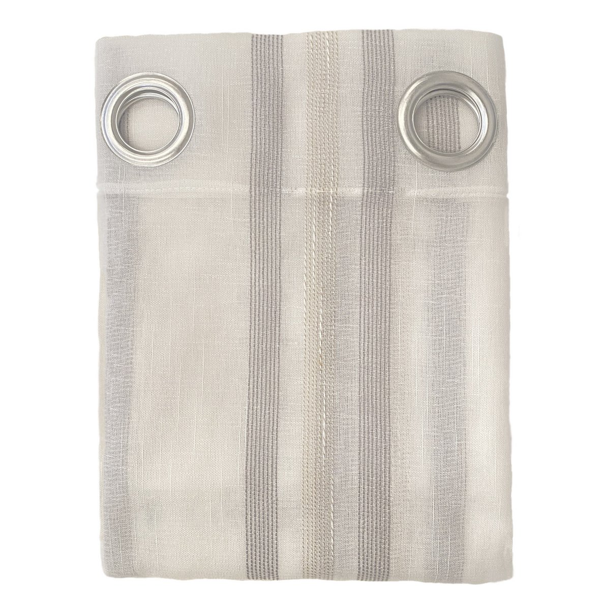 Cortina translúcida de color gris confeccionada en ollados. Visillo Jacquard de rayons verticaux fabriqué avec des matériaux recyclés et de qualité. Couleurs naturelles et calidos. Cortines pour salon, dortoir et cuisine.