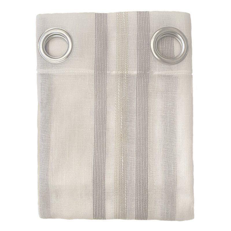 Cortina translúcida de color gris confeccionada en ollados. Visillo Jacquard de rayas vertikale fabrikation med materialer reciclados og calidad. Naturlige farver og kalidos. Cortinas para salón, dormitorio y cocina.
