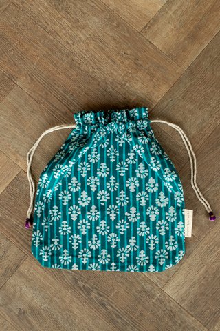Stoffgeschenktüten Double Drawstring- Batik Collection - Teal / Flowers