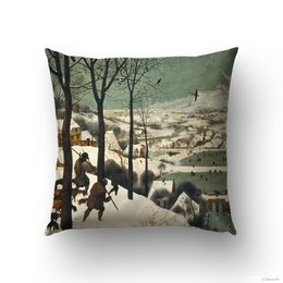 Hunters in the Snow pillow cover, featuring a winter landscape with people sledding and playing in the snow. The image depicts a snowy scene with trees, buildings, and silhouetted figures engaged in various winter activities.