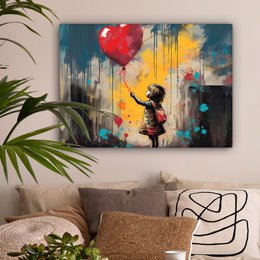 Canvas schilderij  - Wanddecoratie Meisje - Ballon - Hart - Graffiti - Muurdecoratie woonkamer - Slaapkamer decoratie - Kamer accessoires - Schilderijen op canvas
