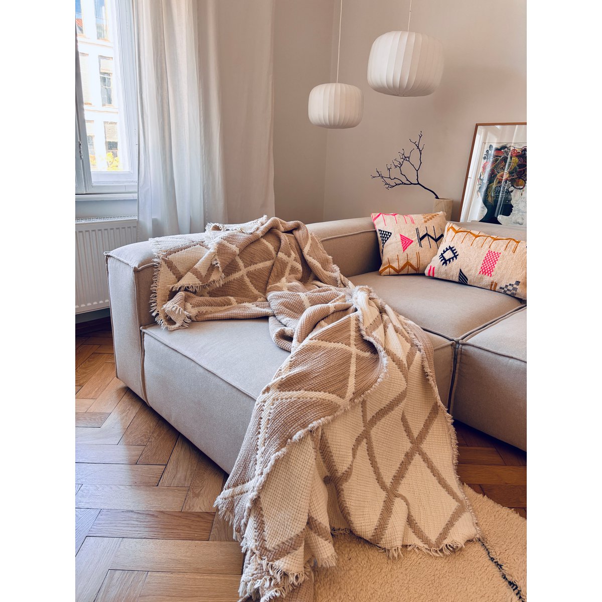 MARA Musselin Decke - Beige-Weiß- 2,20 x 2,50 m