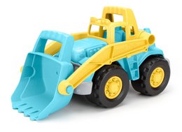  Blue and yellow plastic loading truck toy with large wheels and movable bucket scoop.