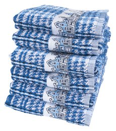 A set of 6 blue and white plaid kitchen towels made of 100% cotton. The towels feature a classic checkered pattern with a decorative border design.
