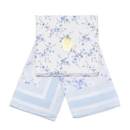 Blue and white toile floral pattern scarf, 50x50 inches, square shape, delicate botanical print design.
