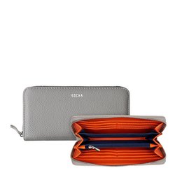 Gray leather wallet with zipper closure, multiple compartments for cards and cash, and orange interior lining.
