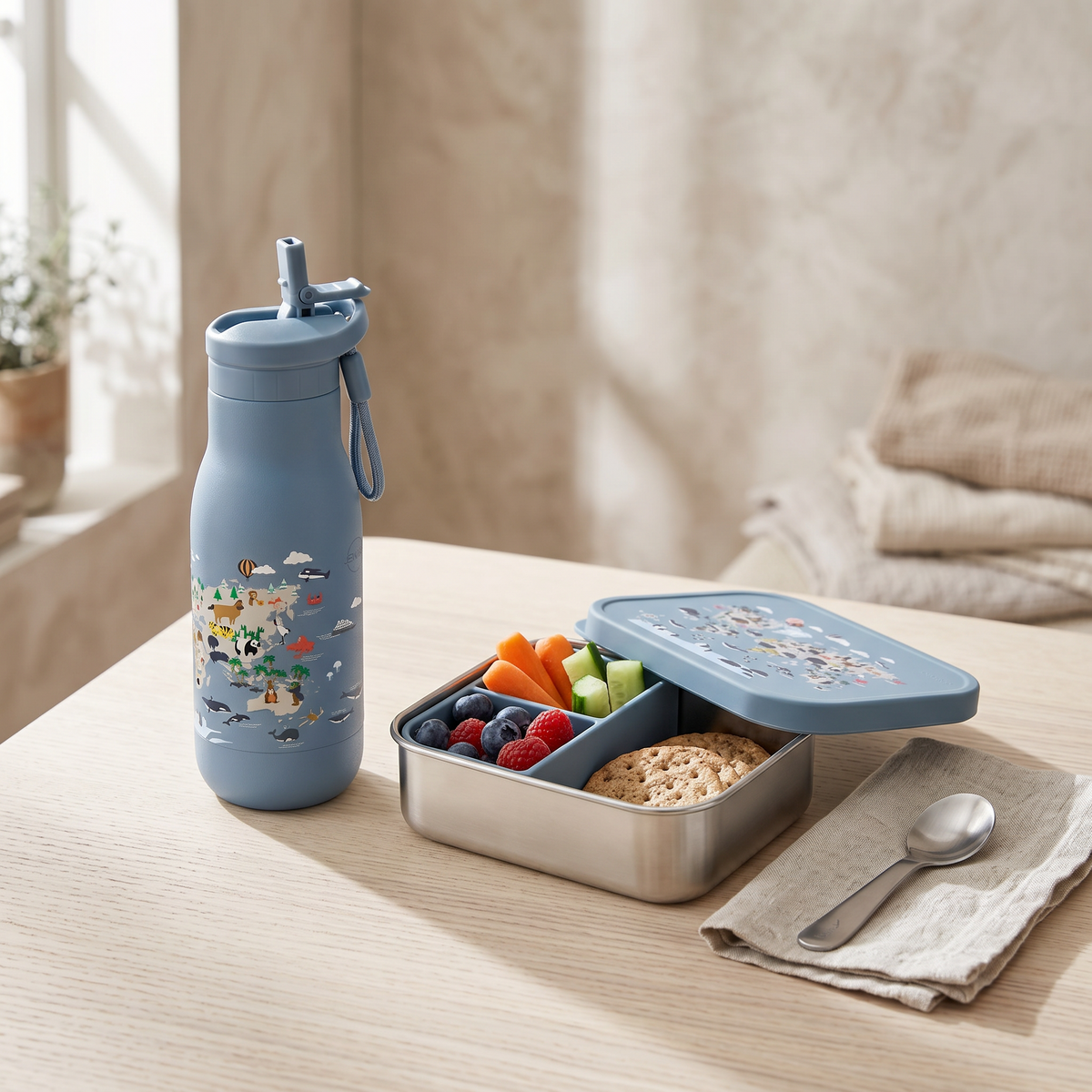 Botella de acero inoxidable para niños JENARD® – mapa del mundo azul