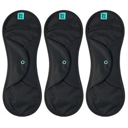 Black, reusable, washable sanitary pads in regular size. Made of soft, breathable fabric for comfort.