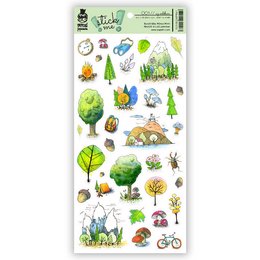 Transparent waterproof sticker sheet featuring various forest-themed elements including trees, animals, mushrooms, and other nature-inspired designs. Suitable for decorative and scrapbooking purposes.