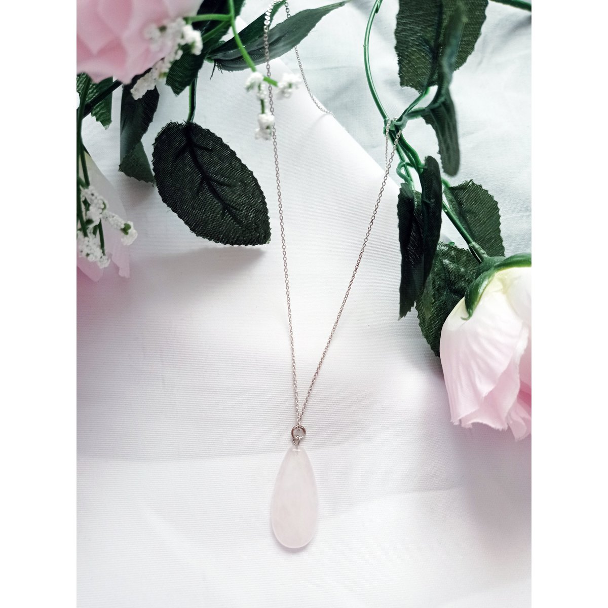 Rose Quartz Teardrop Pendant Sterling Sølv halskæde