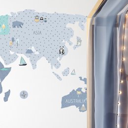 Etiqueta de la pared | Mapa mundial azul