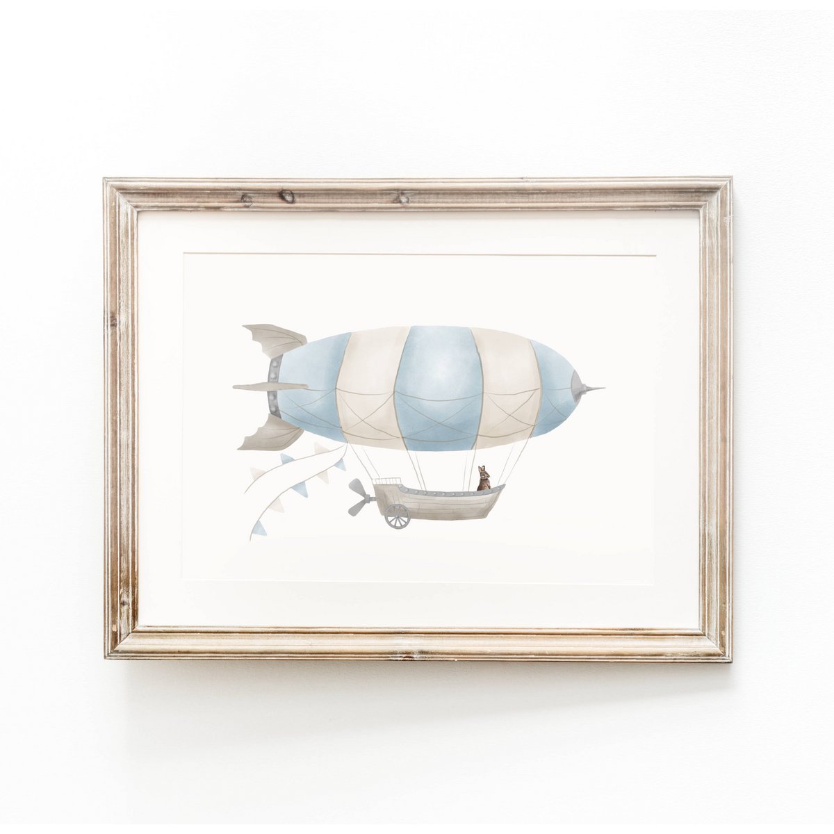 Zeppelin print, zeppelin poster, airship poster, hot air balloon print, hot air balloon poster, blue boys room poster, woodland print, bunny print, boys nursery art print, boys room, landscape print