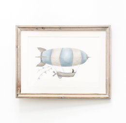 Zeppelin print, zeppelin poster, airship poster, hot air balloon print, hot air balloon poster, blue boys room poster, woodland print, bunny print, boys nursery art print, boys room, landscape print