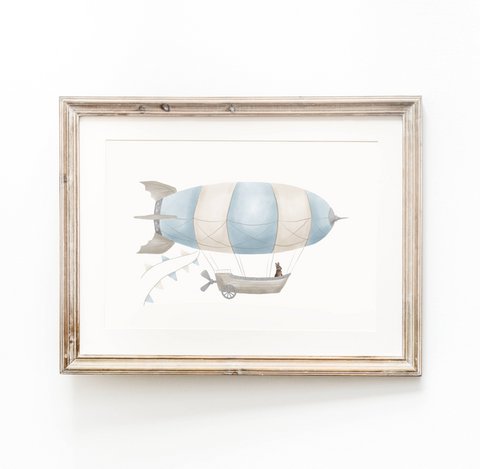 Zeppelin-Druck, Zeppelin-Poster, Luftschiff-Poster, Heißluftballon-Druck, Heißluftballon-Poster, blaues Jungenzimmer-Poster, Wald-Druck, Hasen-Druck, Jungen-Kinderzimmer-Kunstdruck, Jungenzimmer, Landschaftsdruck
