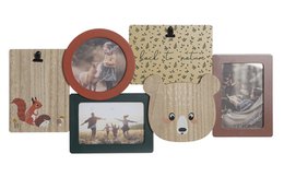 This multi-photo frame features a collage of images, including a round frame with a winter scene, a rectangular frame with a nature scene, and a bear-shaped frame. The materials appear to be a mix of wood and other textured materials. This frame could be used to display a variety of photos and would be suitable for home decor or as a gift.