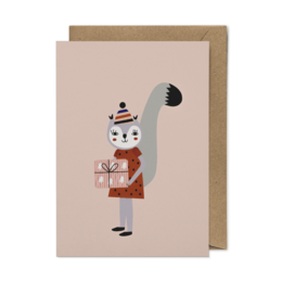 Eco-conscious greeting card featuring a whimsical squirrel illustration in earthy tones. Suitable for birthday celebrations.