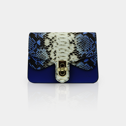 Genuine leather shoulder bag in blue, black, and brown colors with a snake skin pattern design.