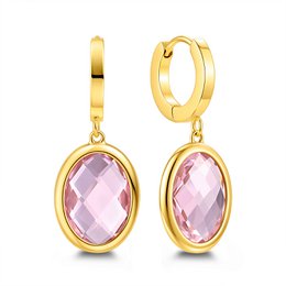 Gold hoop earrings with oval pink faceted glass stones, elegant drop design, women's jewelry.