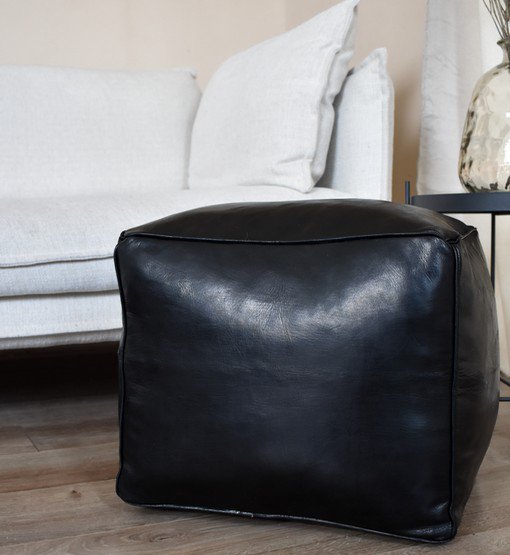 Pouf quadrato in pelle - nero - consegnato imbottito
