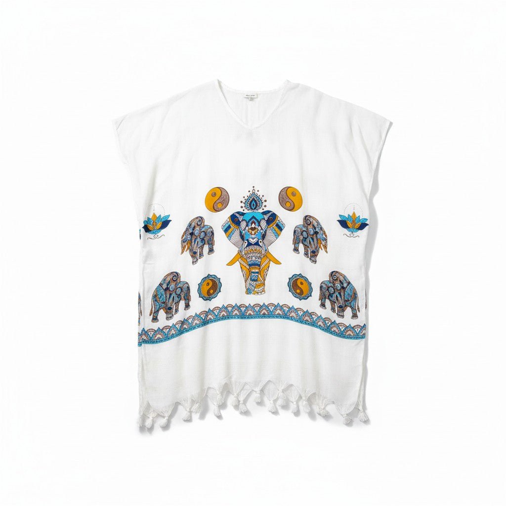 Caftan / Kimono en Bambou Blanc avec Imprimé Éléphant et Franges - Robe de Plage Boho - Taille Unique