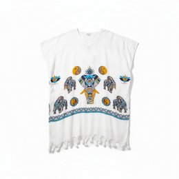 Caftan / Kimono en Bambou Blanc avec Imprimé Éléphant et Franges - Robe de Plage Boho - Taille Unique
