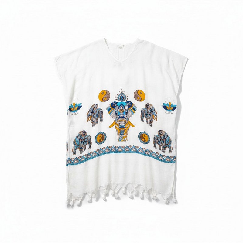 Caftan / Kimono en Bambou Blanc avec Imprimé Éléphant et Franges - Robe de Plage Boho - Taille Unique