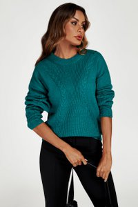Kabelstrick -Crew -Hals -Jumper in Grün