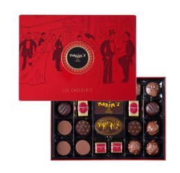 A box of 22 assorted chocolates, weighing 215 g, presented in a red gift box with a decorative pattern. The chocolates come in a variety of flavors and shapes, making it a perfect gift for chocolate lovers.