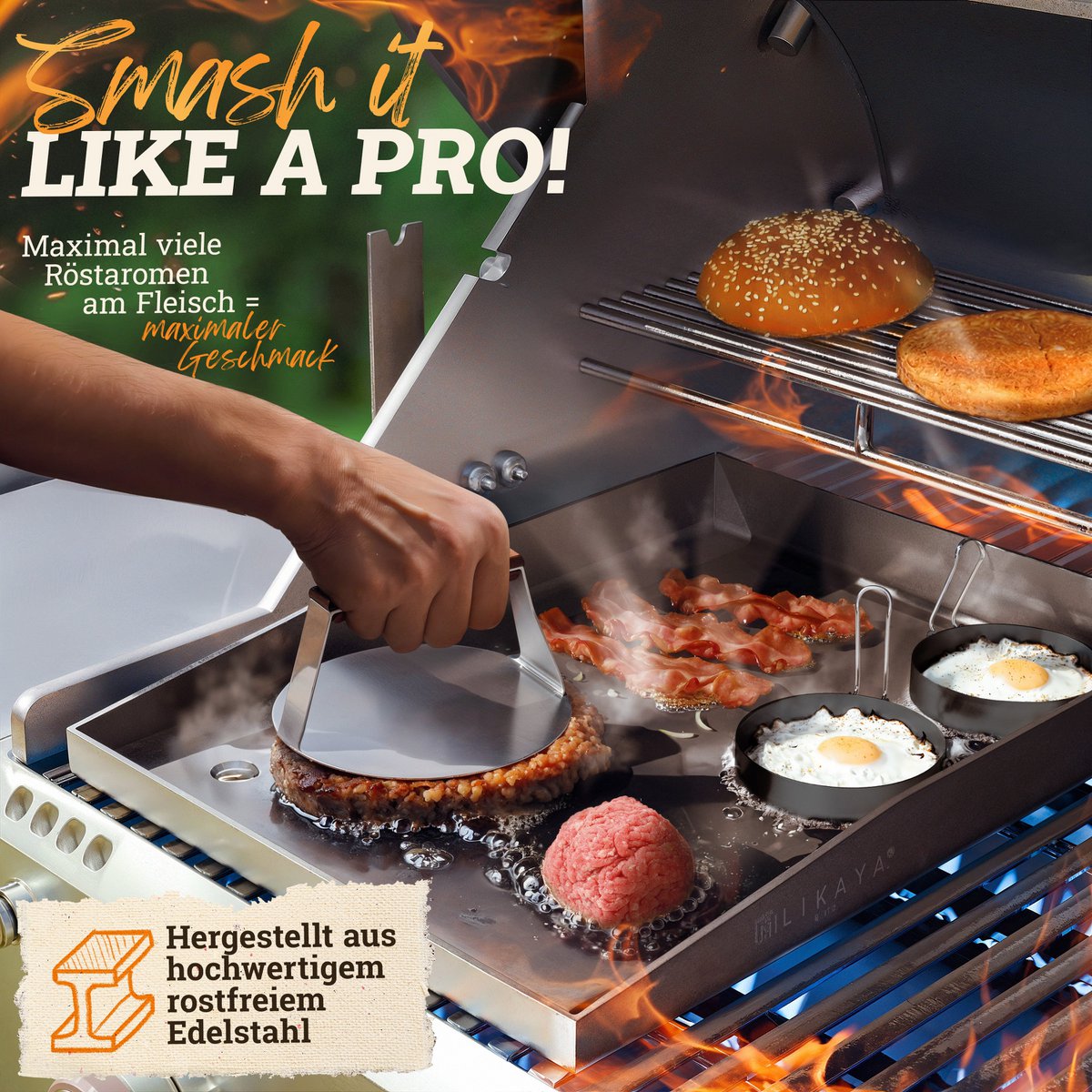 Burger Smasher & grill spatula set [4-pc.] Stainless steel with acacia wood handle for Plancha, grill plate, gas grille & fire plate