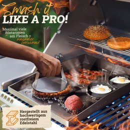 Burger Smasher & grill spatula set [4-pc.] Stainless steel with acacia wood handle for Plancha, grill plate, gas grille & fire plate