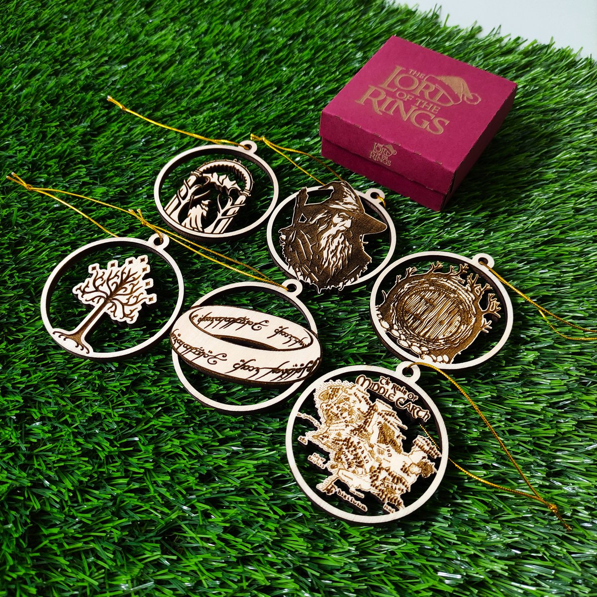 Conjunto de 6 adornos navideños de madera del Señor de los Anillos, regalo geek, adornos de árbol de Navidad, decoración del hogar, decoración navideña ecológica, LOTR
