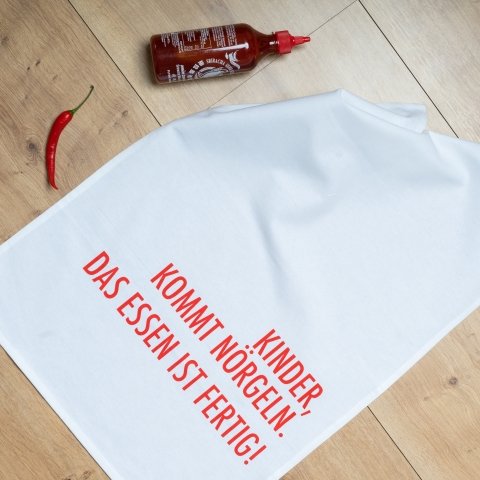 Witte theedoek, KINDEREN, KOM NAGGING. HET VOEDSEL IS KLAAR!, Rood