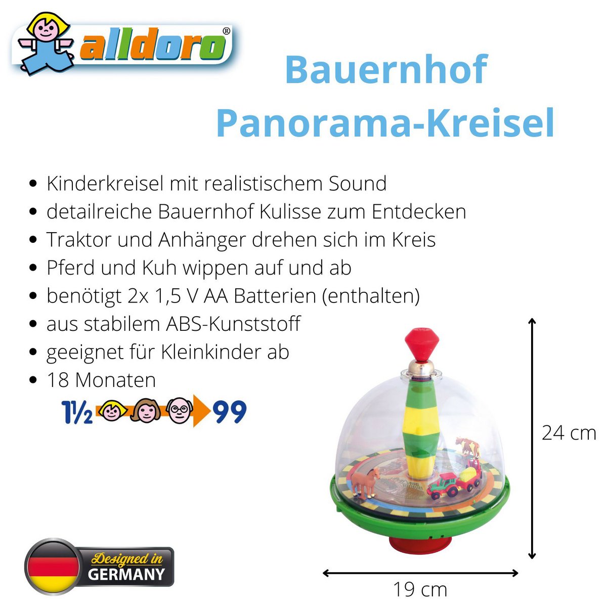 Bauernhof Panorama-Kreisel für Kinder, mit Sound und beweglichen Elementen, Ø 19 cm