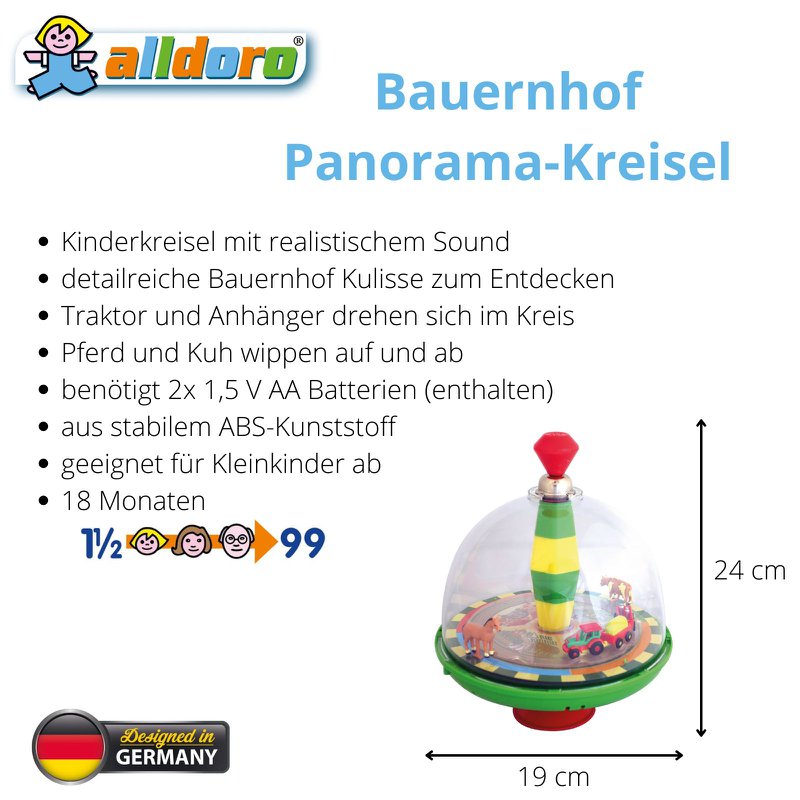 Peonza Farm Panorama para niños, con sonido y elementos móviles, Ø 19 cm