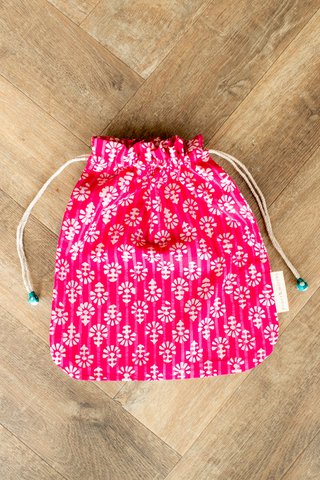 Stoffgeschenktüten Double Drawstring- Batik Collection - Fuchsia / Flowers