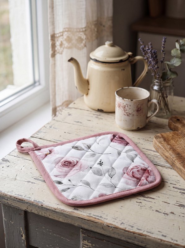Grydeholder 20x20 cm Hvid Pink Bomuldsroser Drænende grydeholder