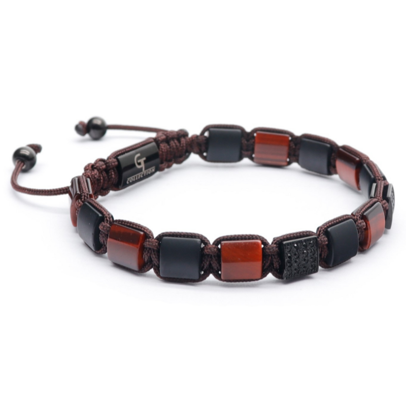 Roter Tigerauge für Männer, schwarzes Onyx Flat Perlenarmband