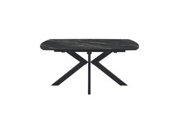 Extendable dining table with black marble-effect top and metal X-shaped base.