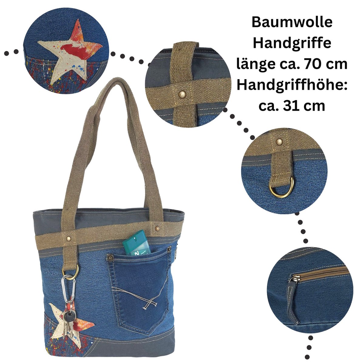 Sunsa dameshandtas. Shopper in vintage retrostijl. Schoudertas gemaakt van upcycled jeans. Grote veganistische tas