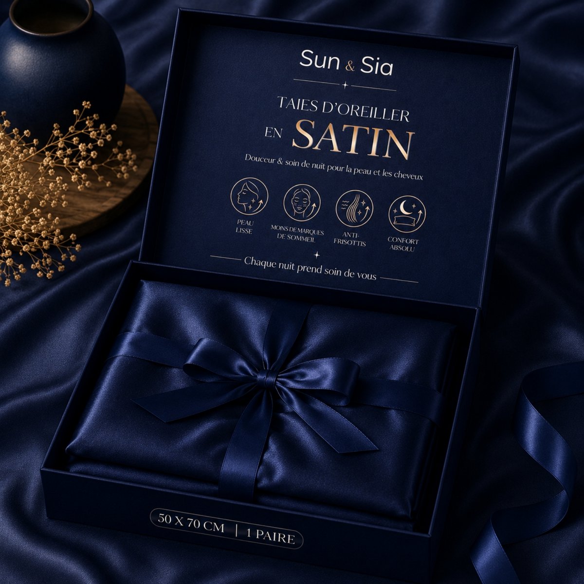 Pair of Midnight Blue Silk Effect Satin Pillowcases