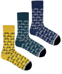 A set of three gift box socks in navy blue and mustard yellow, featuring a repeating bicycle pattern design.