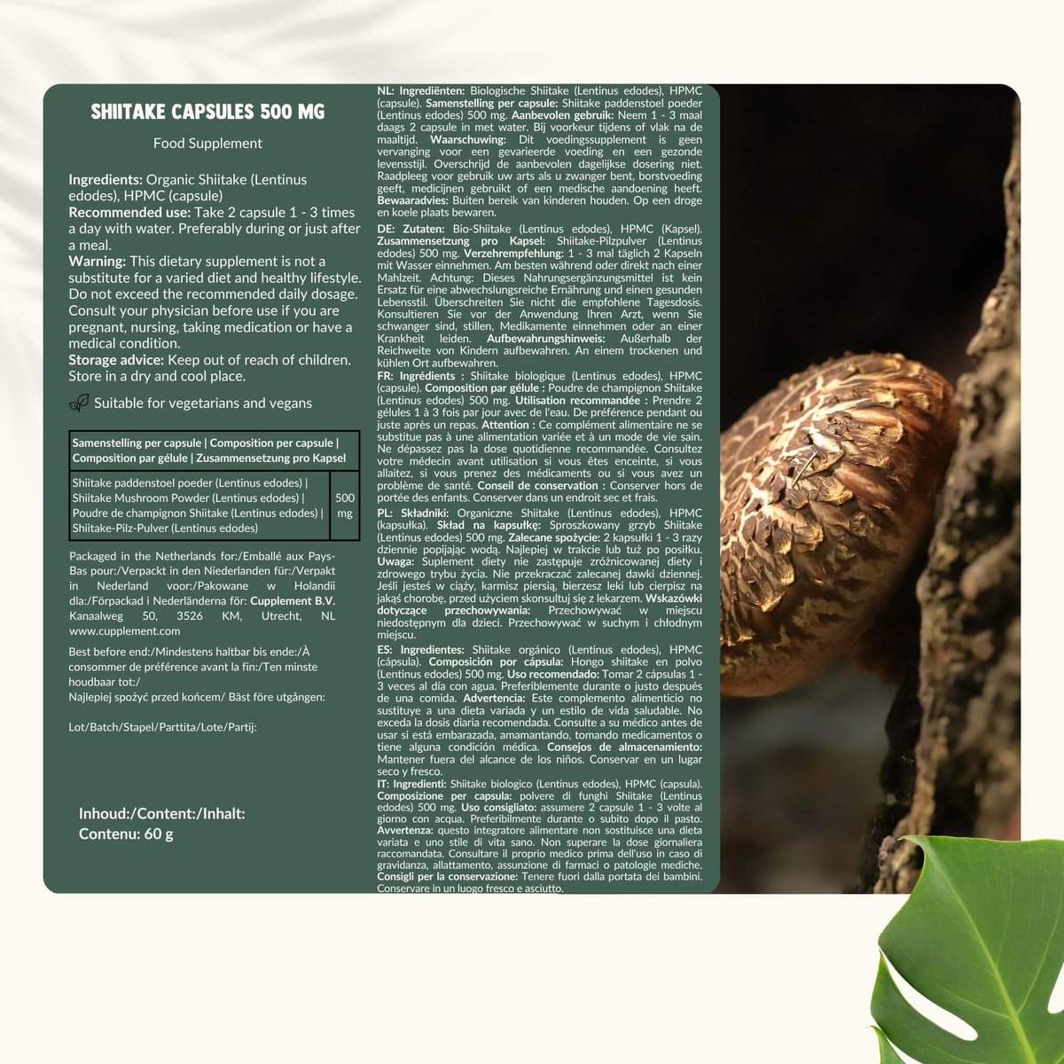 Shiitake Capsules 500 mg Organic -  60 Capsules