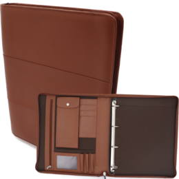 A cognac-colored leather writing folder with a conference folder, document folder, tablet cover, and laptop sleeve. It has multiple compartments and pockets for organization.