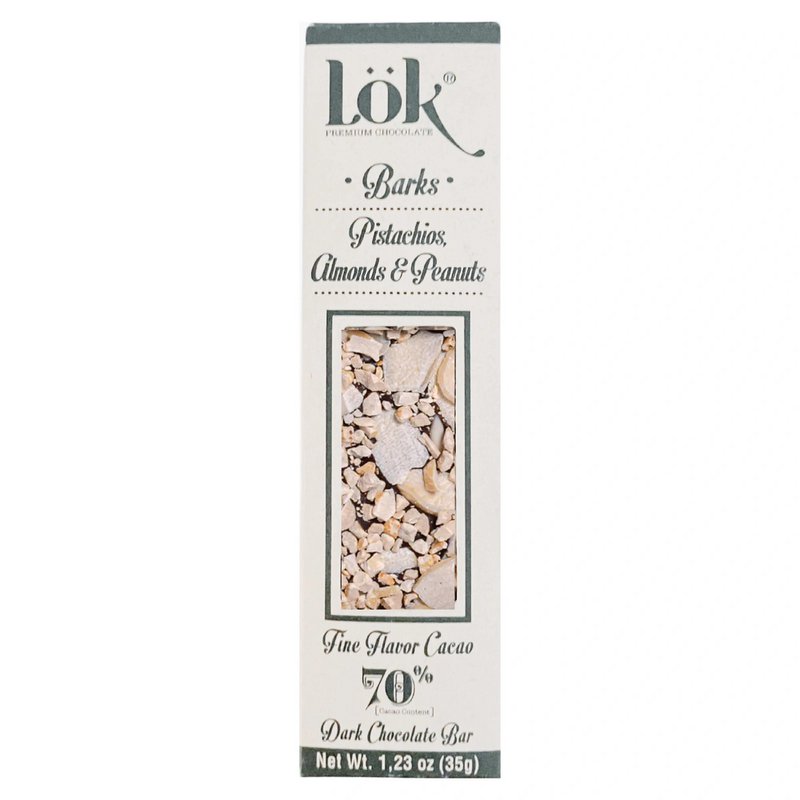 Barre de chocolat noir aux noix : pistaches, amandes et cacahuètes | 70% de cacao | 35g