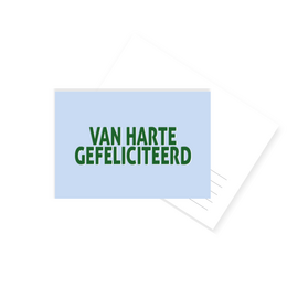 Blue birthday card with green text "Van Harte Gefeliciteerd" congratulations message Dutch