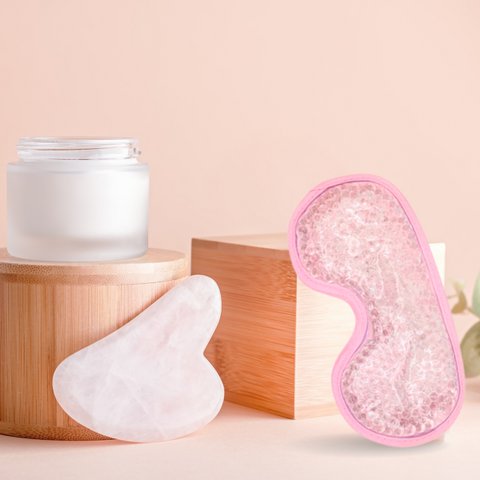ThermoConfort Eye Mask and Rose Quartz Gua Sha Kit – Thermotherapy – Essential Beauty Accessories – Natural Stone – Lifting Tool