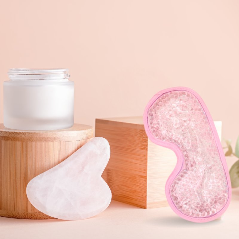 ThermoConfort Eye Mask og Rose Quartz Gua Sha Kit – Termoterapi – Essential Beauty Accessories – Natural Stone – Lifting Tool