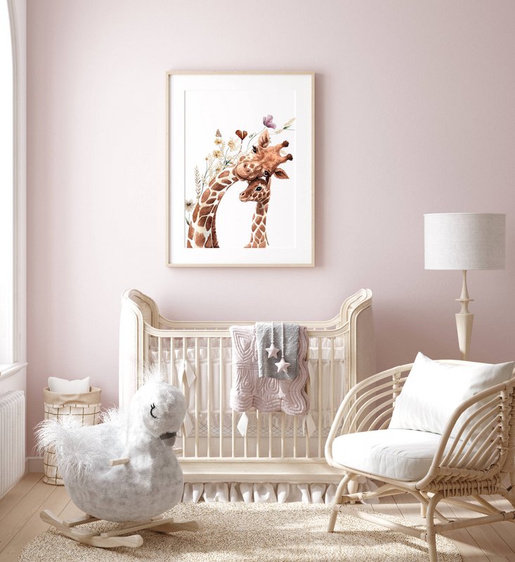 Giraffen-Kinderzimmer-Poster, Giraffen-Poster, Blumen-Kinderzimmer-Druck, Mutter und Baby-Giraffen-Poster, Kinderzimmer-Giraffen-Druck, Wildblumen-Druck, Mädchen-Kinderzimmer-Poster, Mädchenzimmer-Dekoration