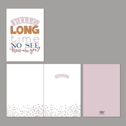 A double card with the text "Hello Long Time No See" in a vintage-inspired design, featuring a simple yet elegant layout with a soft color palette and subtle dot pattern. This friendship card is perfect for reconnecting with loved ones after a long absence.